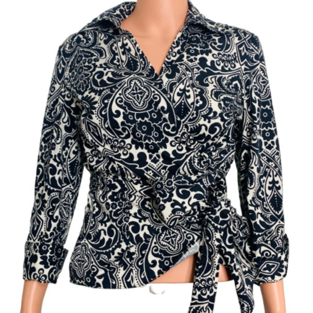 Ann Taylor Black White 3/4 Sleeve Tie Wrap Top